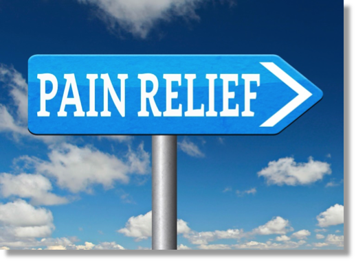 A blue and white street sign with the words pain relief on it.